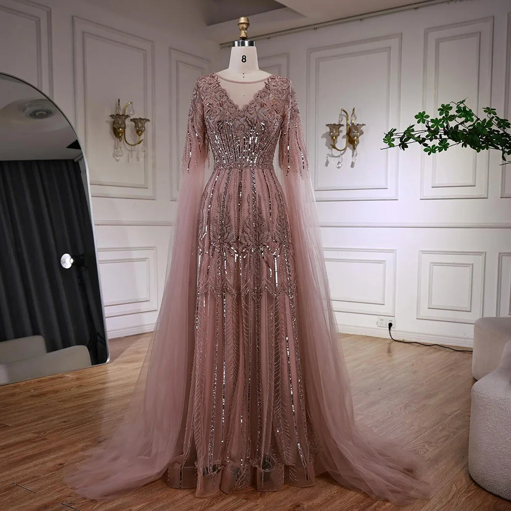 Elegant Beaded A-Line Evening Dress with Cape Sleeves LA73056 - SERENE HILL