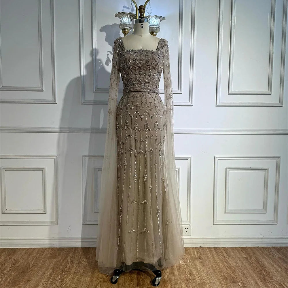 Luxury Arabic Caramel Beaded Evening Dress with Cape Sleeves LA72966A - SERENE HILL