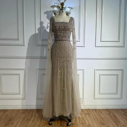 Luxury Arabic Caramel Beaded Evening Dress with Cape Sleeves LA72966A - SERENE HILL