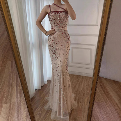 Luxury Red Saudi Arabic Crystal Beaded One Shoulder Evening Dress LA73135 - SERENE HILL