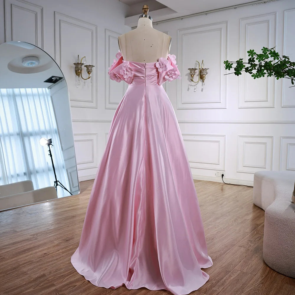 Luxury Pink Satin A Line Off Shoulder Arabic Evening Dress LA73036 - SERENE HILL