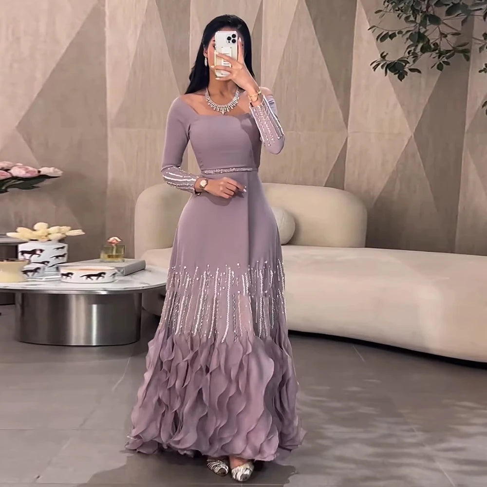 Luxury Lilac Ruffles Dubai Evening Dress Saudi Wedding Party LA72952 - SERENE HILL