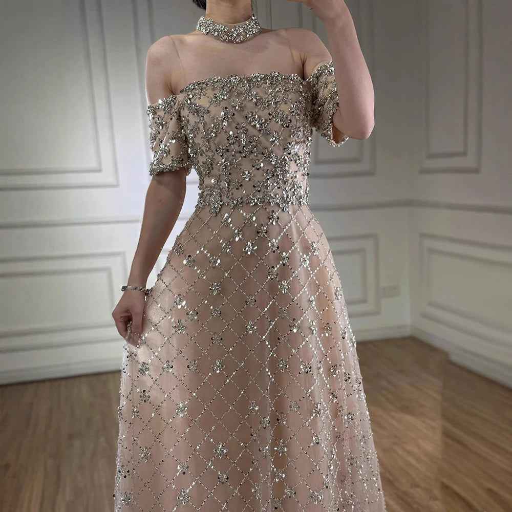 Luxury Nude Sliver Off Shoulder Beaded Crystal A-Line Evening Dress LA73122 - SERENE HILL