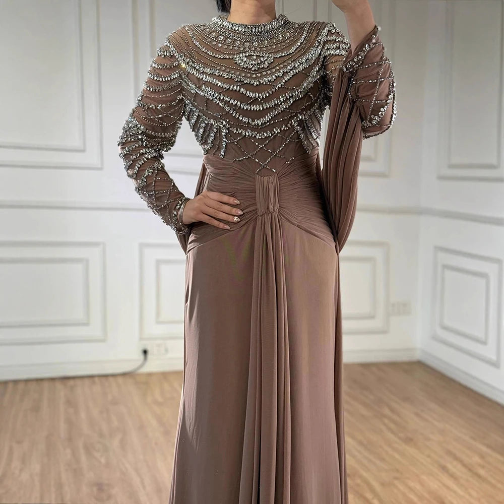 Luxury Designer Modest Brown Stretch Material Mermaid Evening Dress LA72993 - SERENE HILL