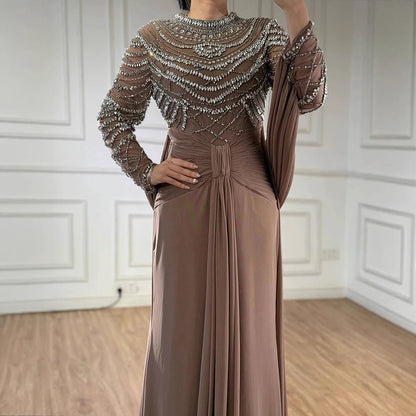 Luxury Designer Modest Brown Stretch Material Mermaid Evening Dress LA72993 - SERENE HILL