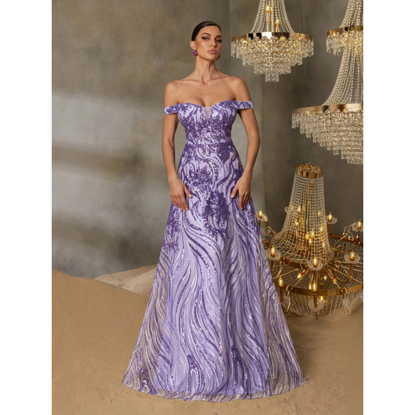 Luxury Lilac Sequin A-Line Evening Dress Off-Shoulder LA73261 - SERENE HILL