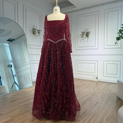 Luxury Sage Green Beaded Evening Dress with Long Sleeves LA72805B - SERENE HILL