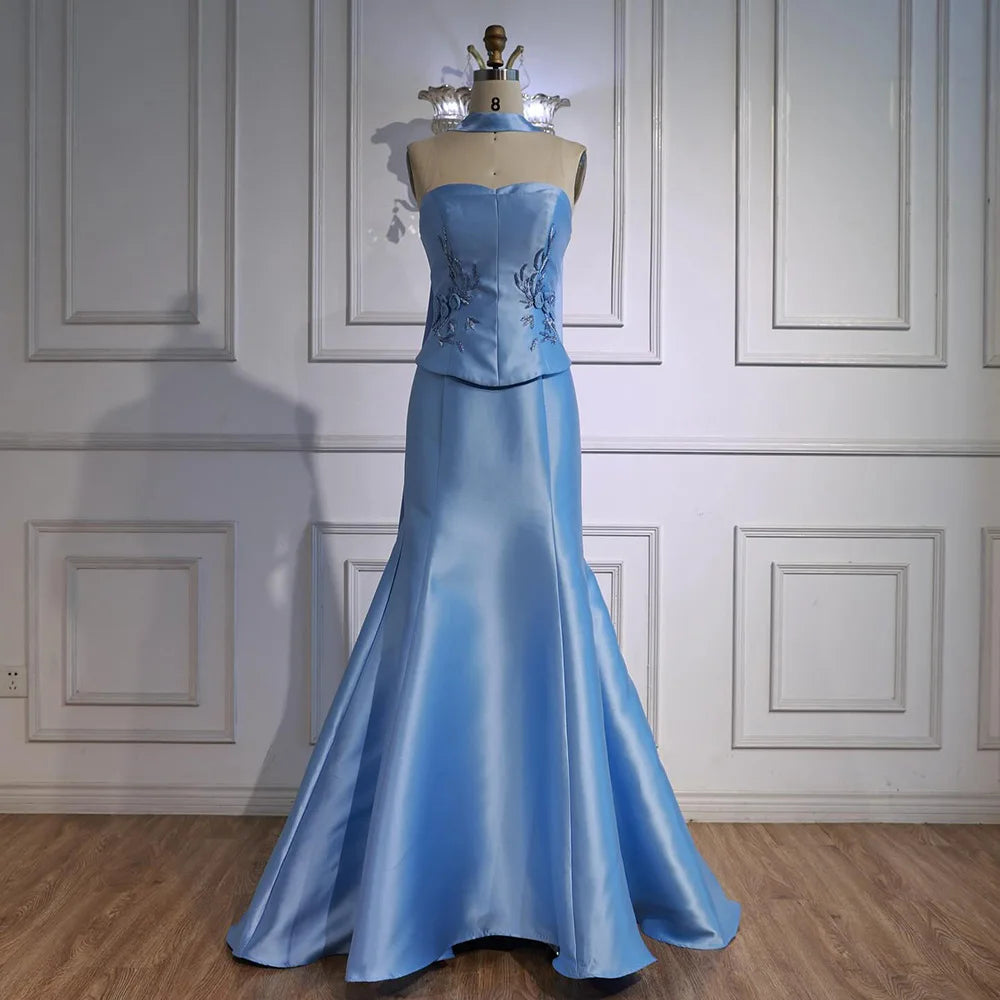 Luxury Blue Satin Mermaid Evening Dress with Long Scarf LA72831 - SERENE HILL