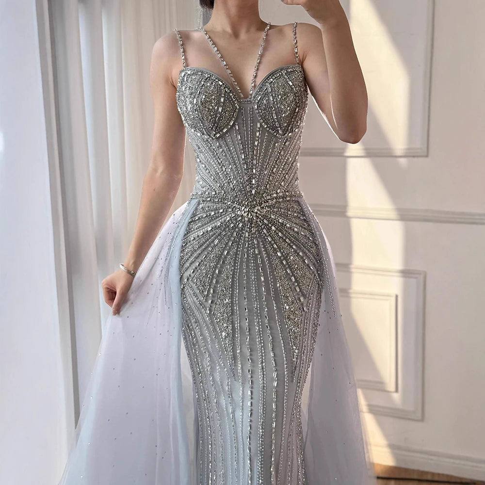 Luxury Nude Spaghetti Strap Mermaid Evening Dress with Overskirt Beaded LA73090 - SERENE HILL