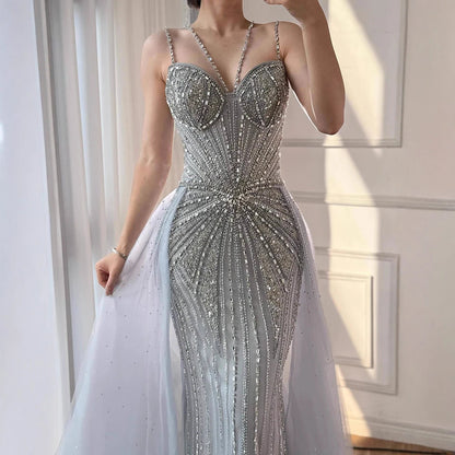 Luxury Nude Spaghetti Strap Mermaid Evening Dress with Overskirt Beaded LA73090 - SERENE HILL