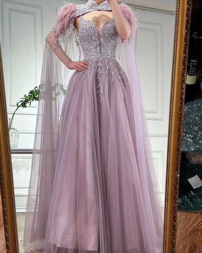 Luxury Dubai Arabic Beige A-Line Feathers Long Cape Luxury Beaded Saudi Evening Dresses Gowns for Formal Occasion LA72722 - SERENE HILL