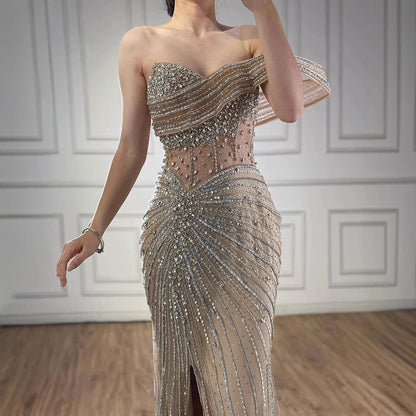 Luxury Pink Crystal One Shoulder Beaded Evening Dress Split LA73197 - SERENE HILL