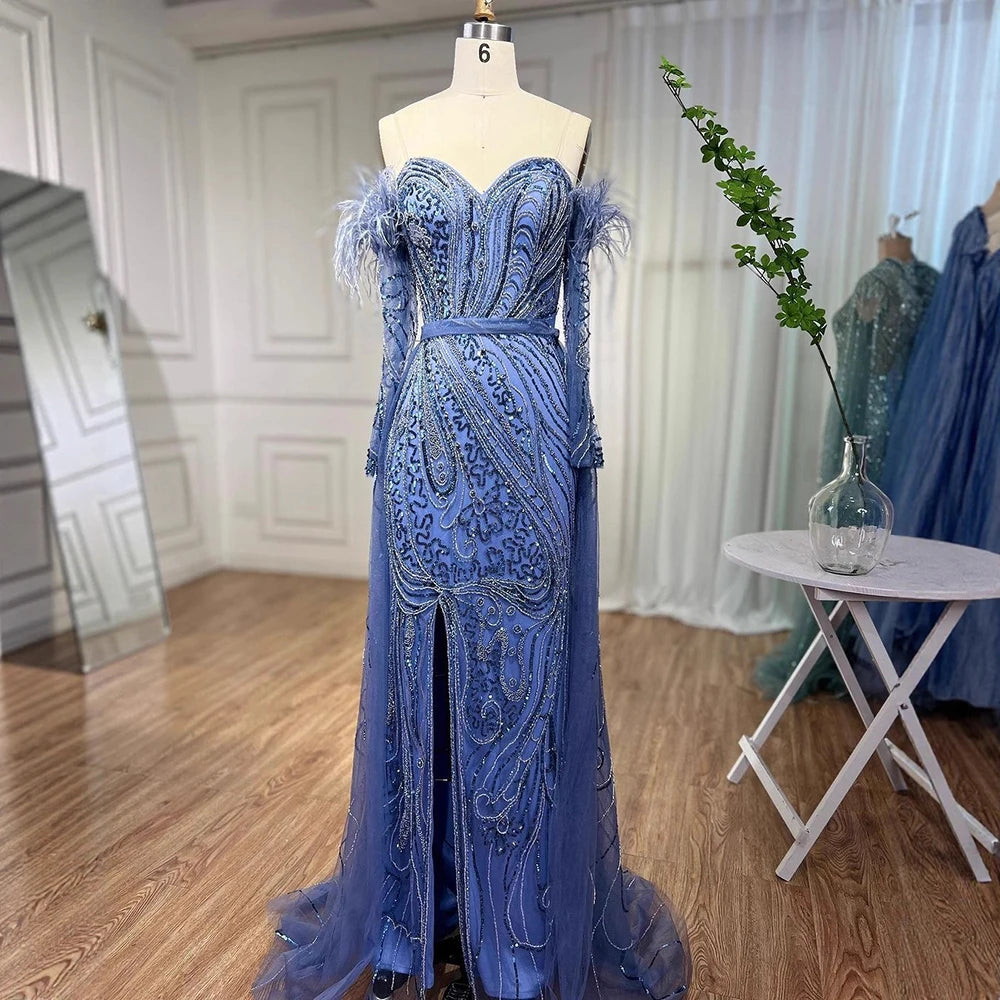 Luxury Arabic Nude Mermaid High Split Feather Beaded Evening Dress LA71910 - SERENE HILL