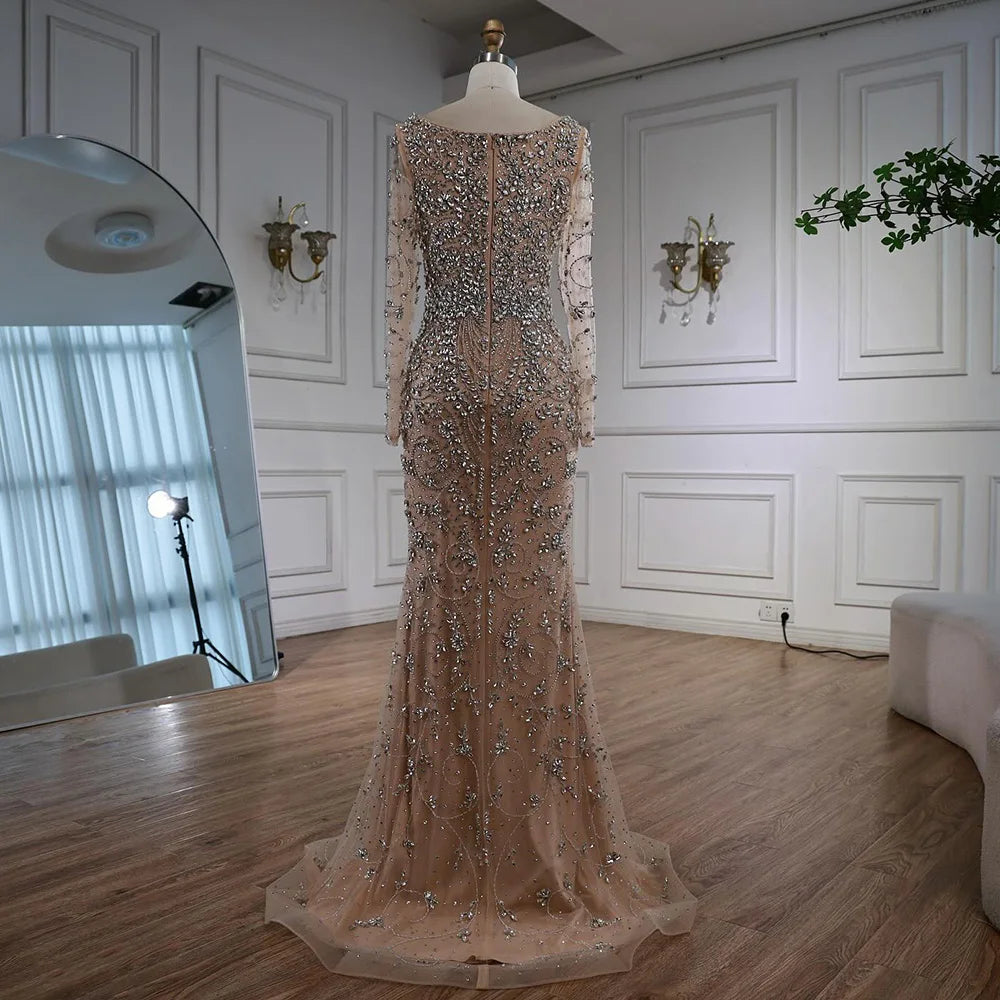 Luxury Nude Beaded Crystal Evening Dress with Long Sleeves LA73042 - SERENE HILL
