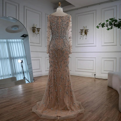Luxury Nude Beaded Crystal Evening Dress with Long Sleeves LA73042 - SERENE HILL
