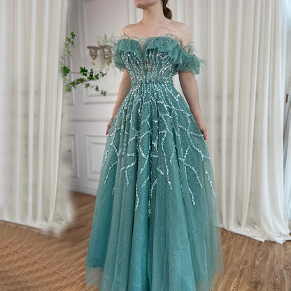 Luxury Turquoise Beaded Feather A Line Evening Dress LA71328 - SERENE HILL