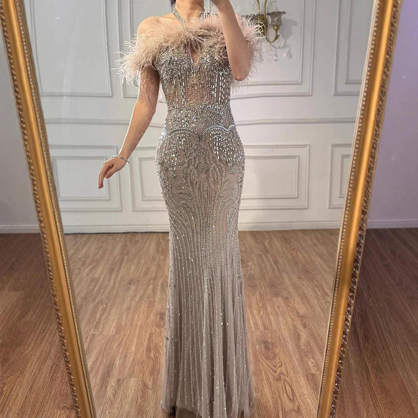 Luxury Nude Halter Feather Crystal Evening Dress LA73349 Nude / 6