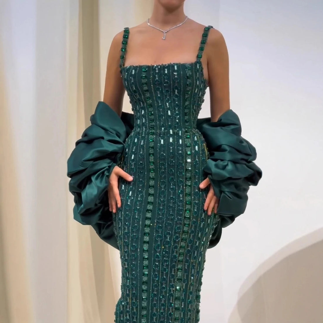 Luxury Kosovo Green Square Beaded Evening Dress with Cape LA73355 - SERENE HILL