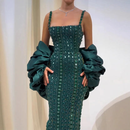 Luxury Kosovo Green Square Beaded Evening Dress with Cape LA73355 - SERENE HILL
