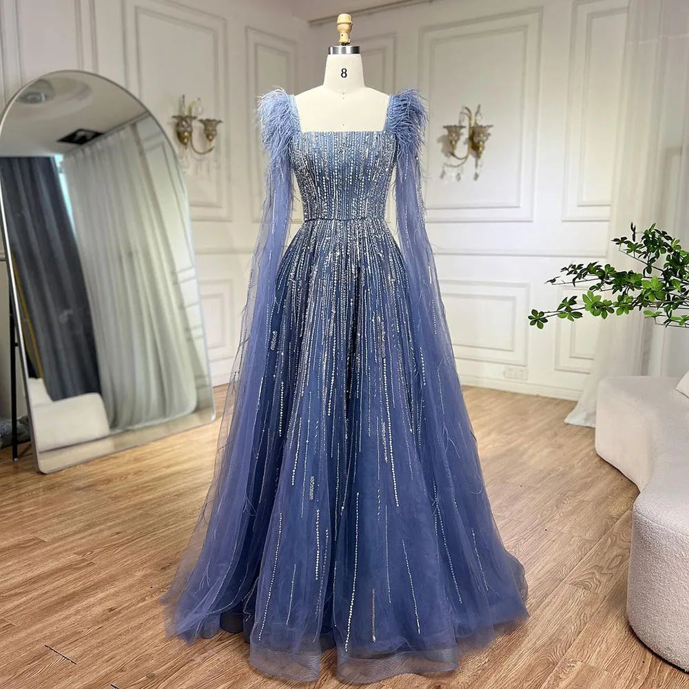 Blue Luxury Feathers Arabic Evening Dresses with Cape LA72236 - SERENE HILL