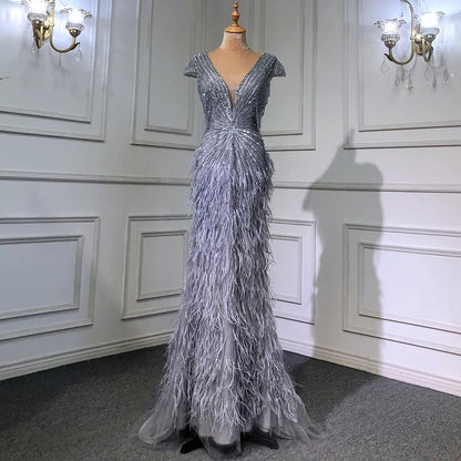 Luxury Brown Mermaid Elegant Beaded Evening Dress Gown with Feathers LA70801 - SERENE HILL