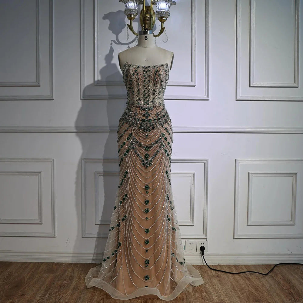 Luxury Green Beaded Saudi Arabic Evening Gown for Formal Occasion LA72842 - SERENE HILL