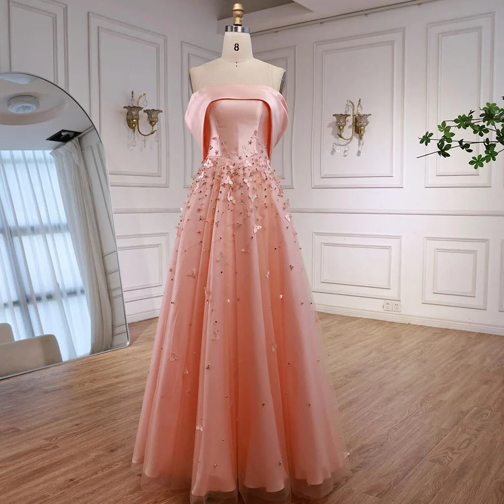 Arabia Peach Off the Shoulder A Line Satin Appliques Evening Dress Gown LA72830 - SERENE HILL