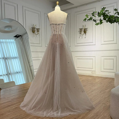 Luxury White Nude Beaded Evening Dress with Overskirt LA73107 - SERENE HILL