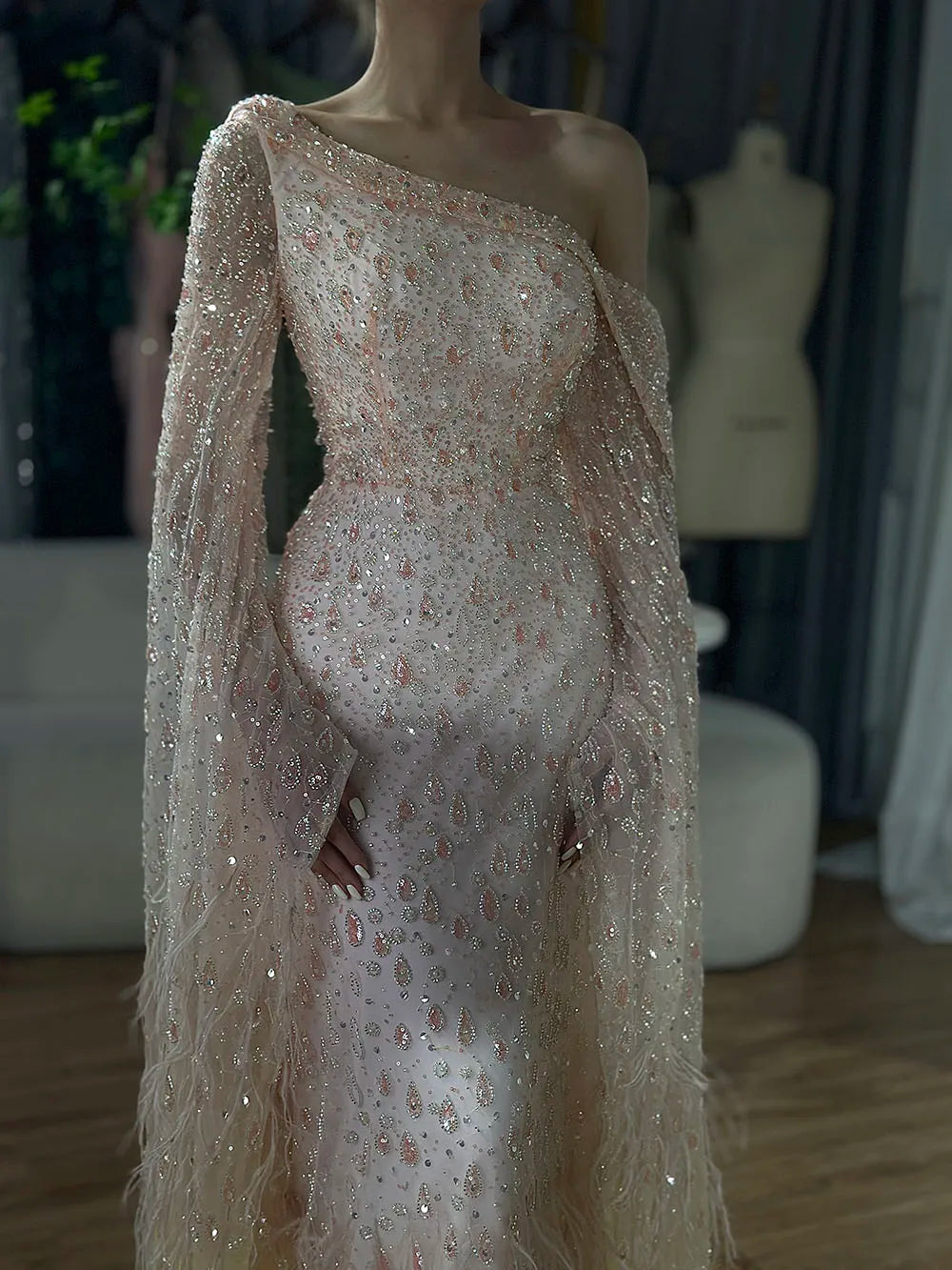 Luxury Feather One Shoulder Evening Dress with Cape Sleeves LA72763 - SERENE HILL