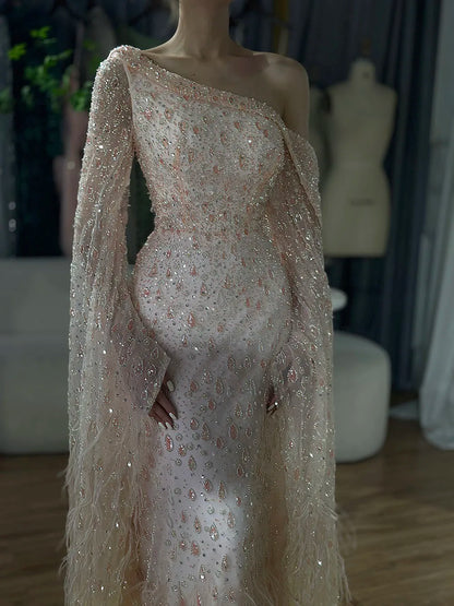 Luxury Feather One Shoulder Evening Dress with Cape Sleeves LA72763 - SERENE HILL