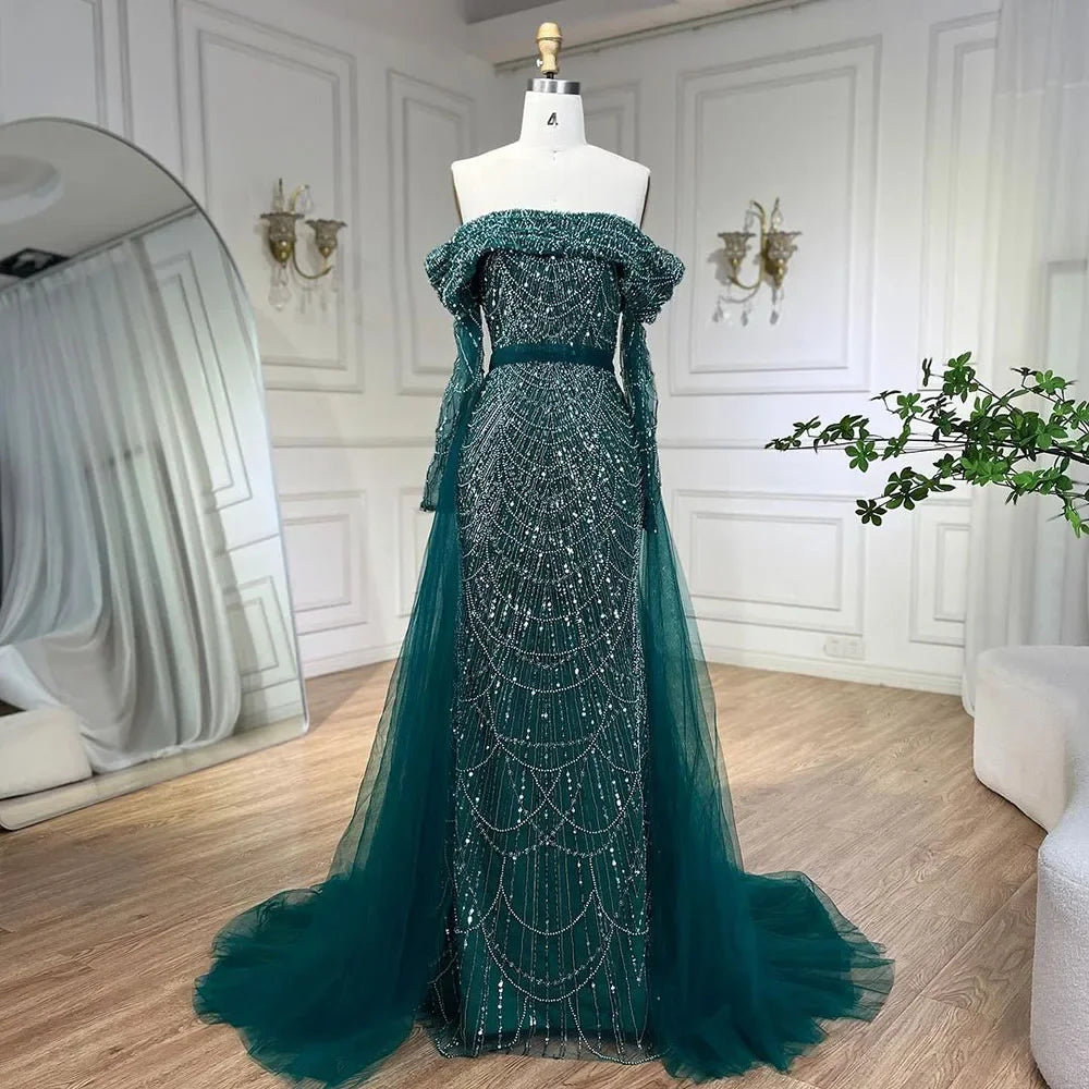 Off Shoulder Light Blue Mermaid Evening Dress with Detachable Overskirt Dubai LA72254 - SERENE HILL