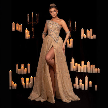 Luxury Nude Crystal Beaded A-Line Evening Dress with Split LA72949 - SERENE HILL