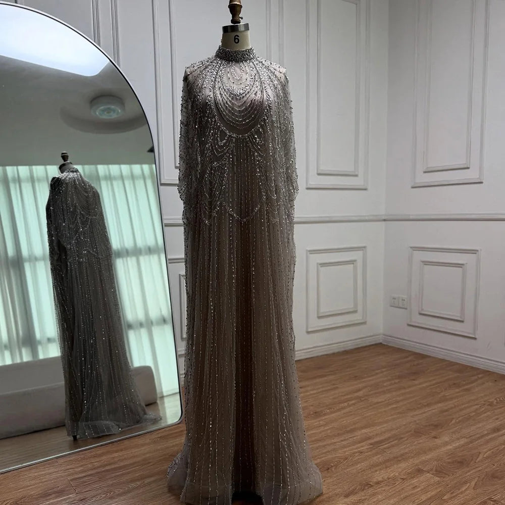 Luxury Silver Nude Beaded Mermaid Evening Dress with Cape LA72484A - SERENE HILL