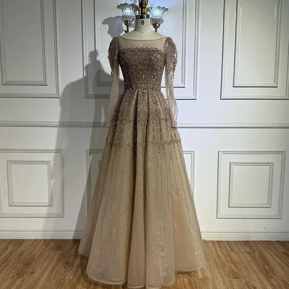 Luxury Caramel A-Line Beaded Evening Dress with Long Sleeves LA73077 - SERENE HILL