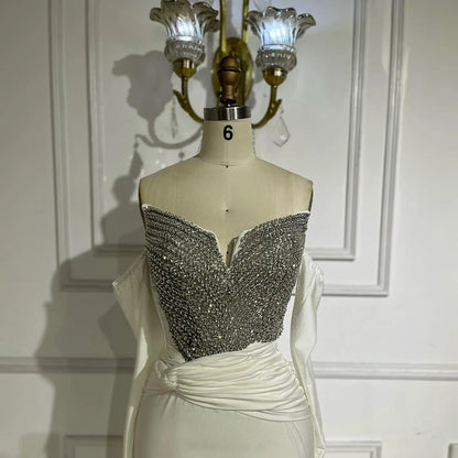 Luxury Dubai Elegant White Arabic Evening Gown with Crystal Beaded Dress and Gloves for Formal Occasion LA72758 - SERENE HILL