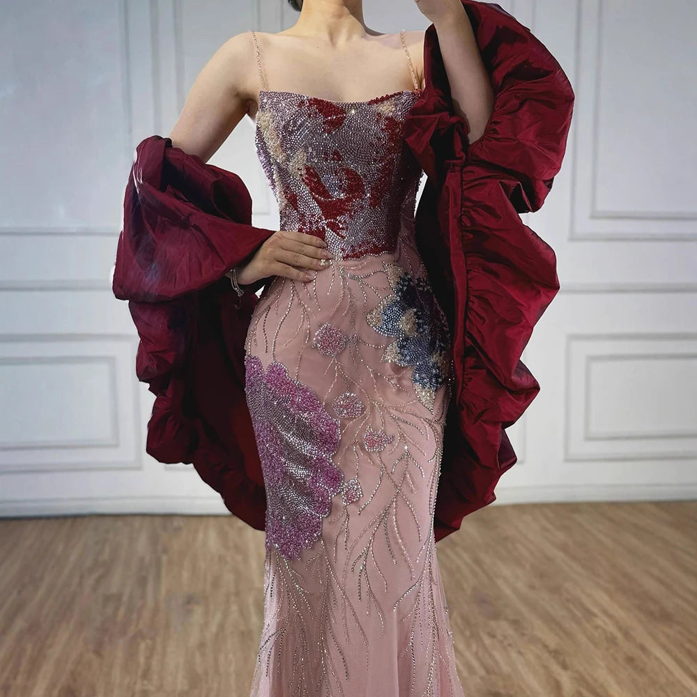 Luxury Designer Dreamy Pink Evening Dress With Cape Sleeves LA72850 - SERENE HILL