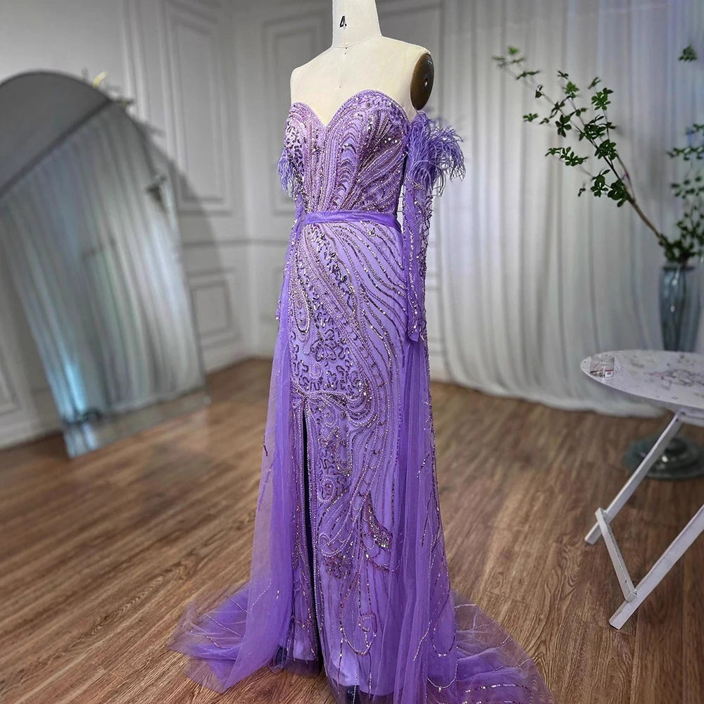 Luxury Arabic Nude Mermaid High Split Feather Beaded Evening Dress LA71910 - SERENE HILL