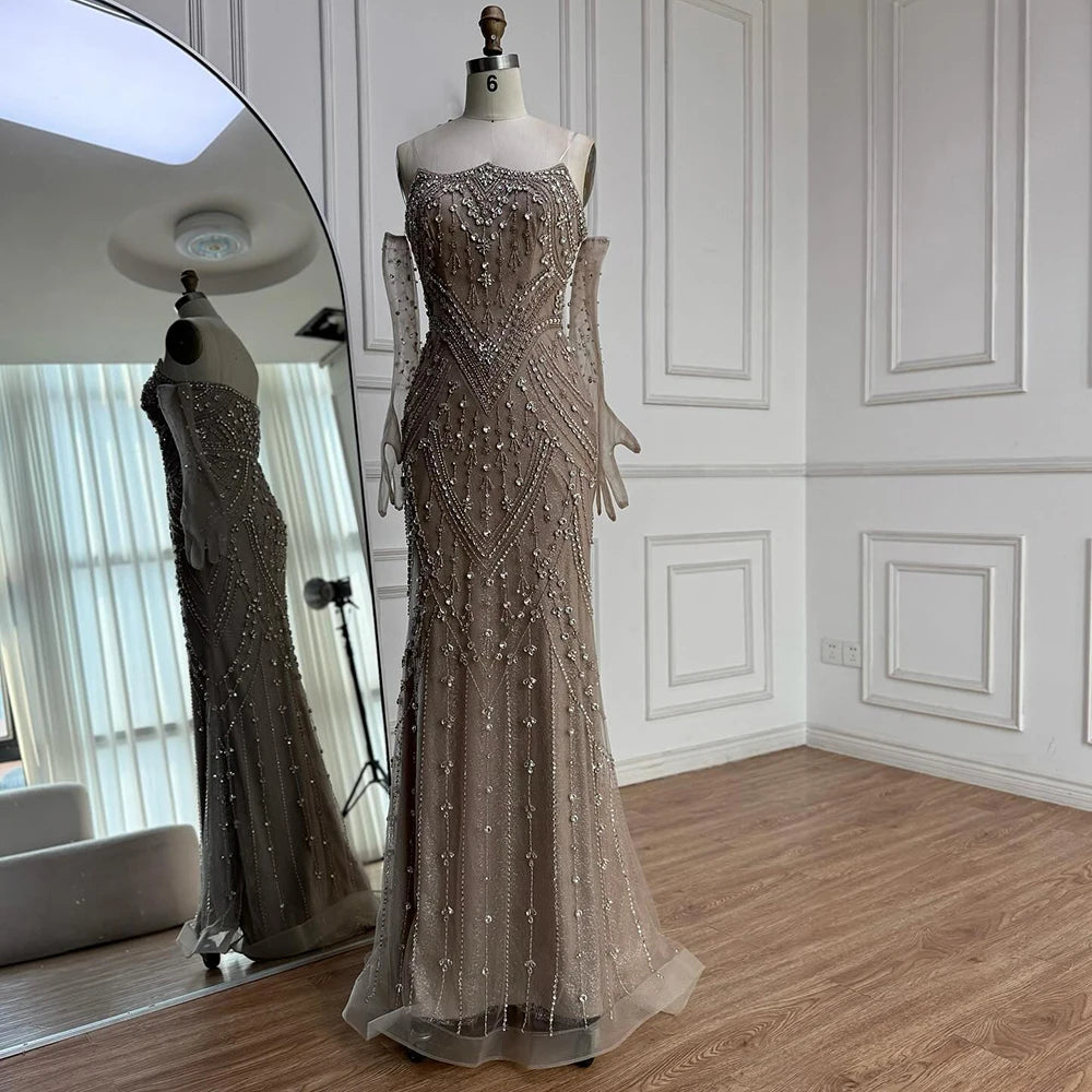 Luxury Caramel Crystal Beaded Mermaid Evening Gown with Gloves LA73186 - SERENE HILL