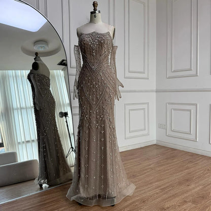Luxury Caramel Crystal Beaded Mermaid Evening Gown with Gloves LA73186 - SERENE HILL
