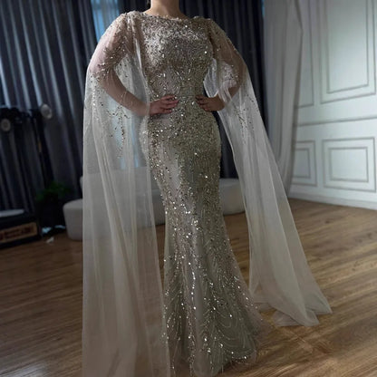 Luxury Caramel Beaded Evening Dress with Cape Sleeves LA73078 - SERENE HILL