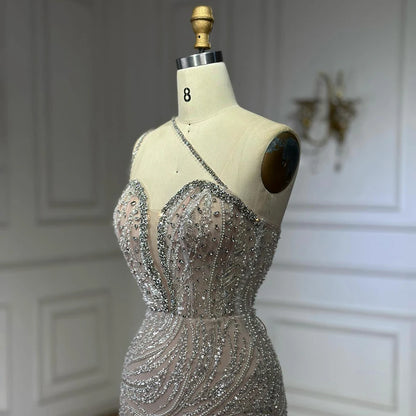 Luxury Dubai Nude Beaded One-Shoulder Evening Gown with Crystal for Formal Occasion LA72872 - SERENE HILL