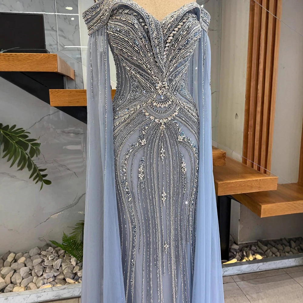 Luxury Blue Beaded Cape Sleeve Saudi Arabic Evening Dress LA73151 - SERENE HILL