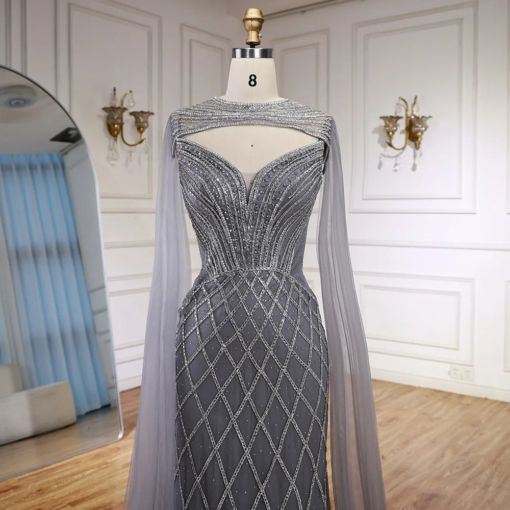 Luxury Nude Beaded Mermaid Evening Dress with Cape LA72814 - SERENE HILL