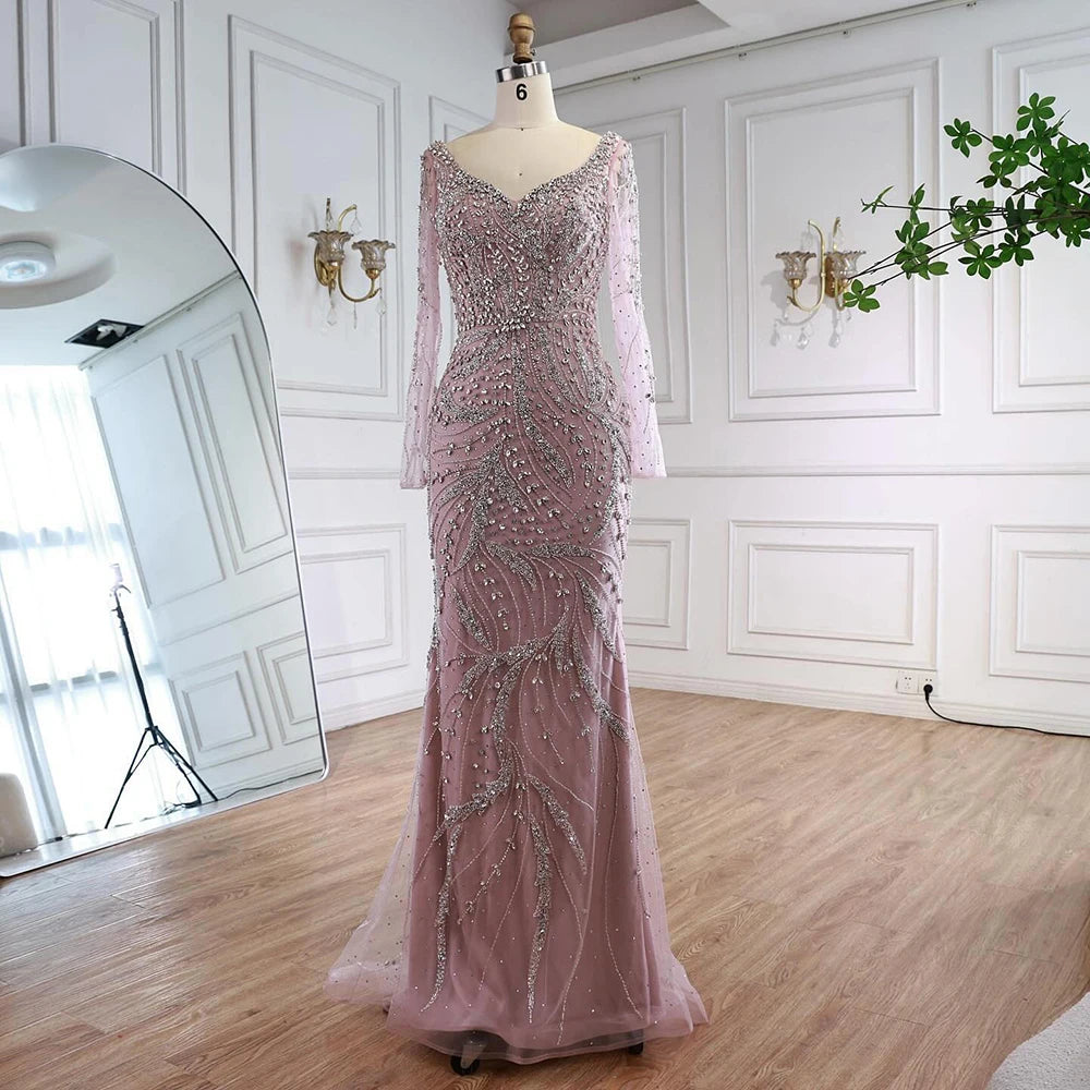 Luxury Muslim Nude Arabic Mermaid Beaded Evening Dress LA73191 - SERENE HILL