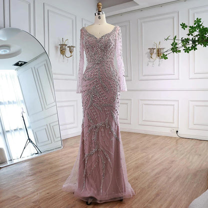 Luxury Muslim Nude Arabic Mermaid Beaded Evening Dress LA73191 - SERENE HILL