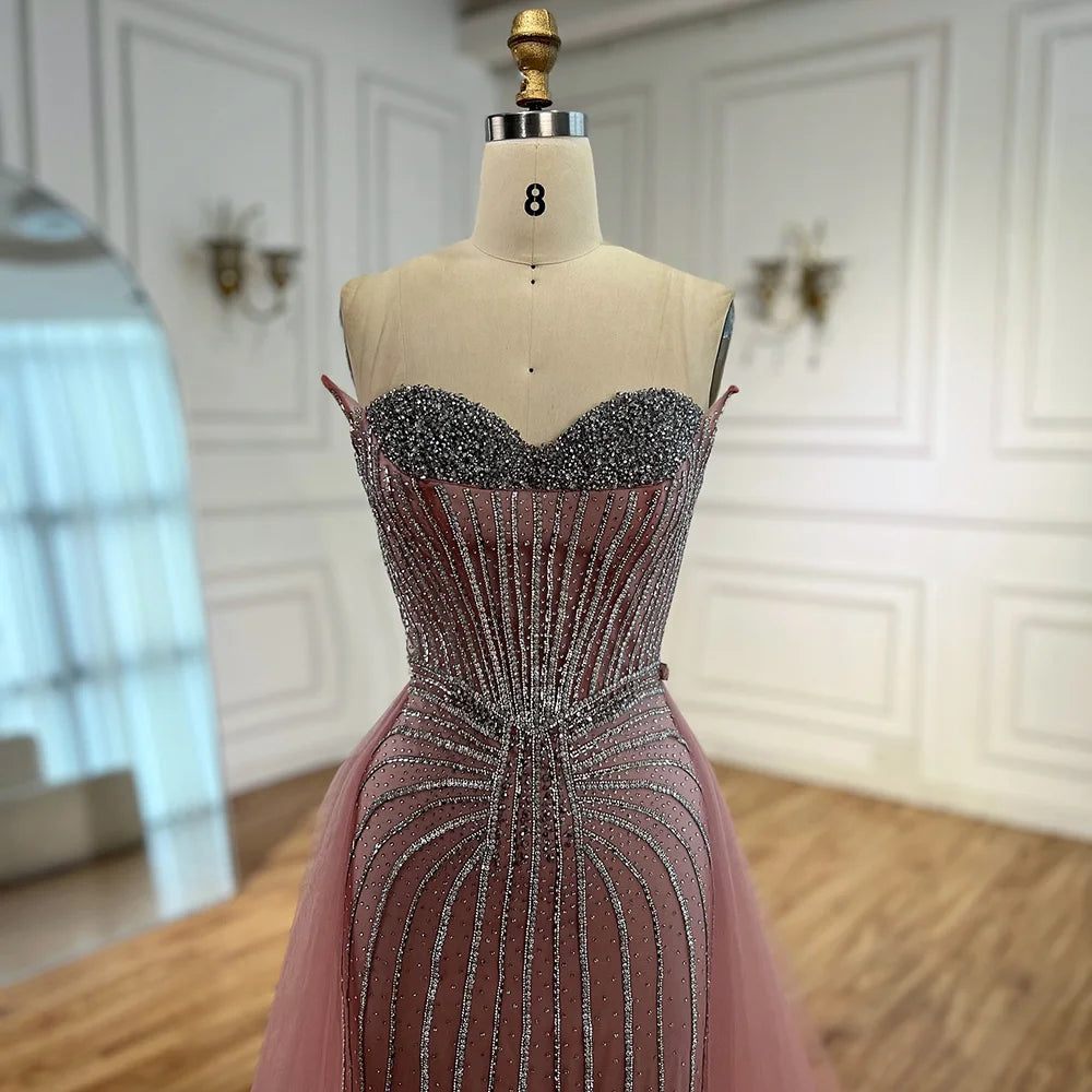 Pink Pearls Beaded Arabic Mermaid Evening Dress with Overskirt LA72811B - SERENE HILL