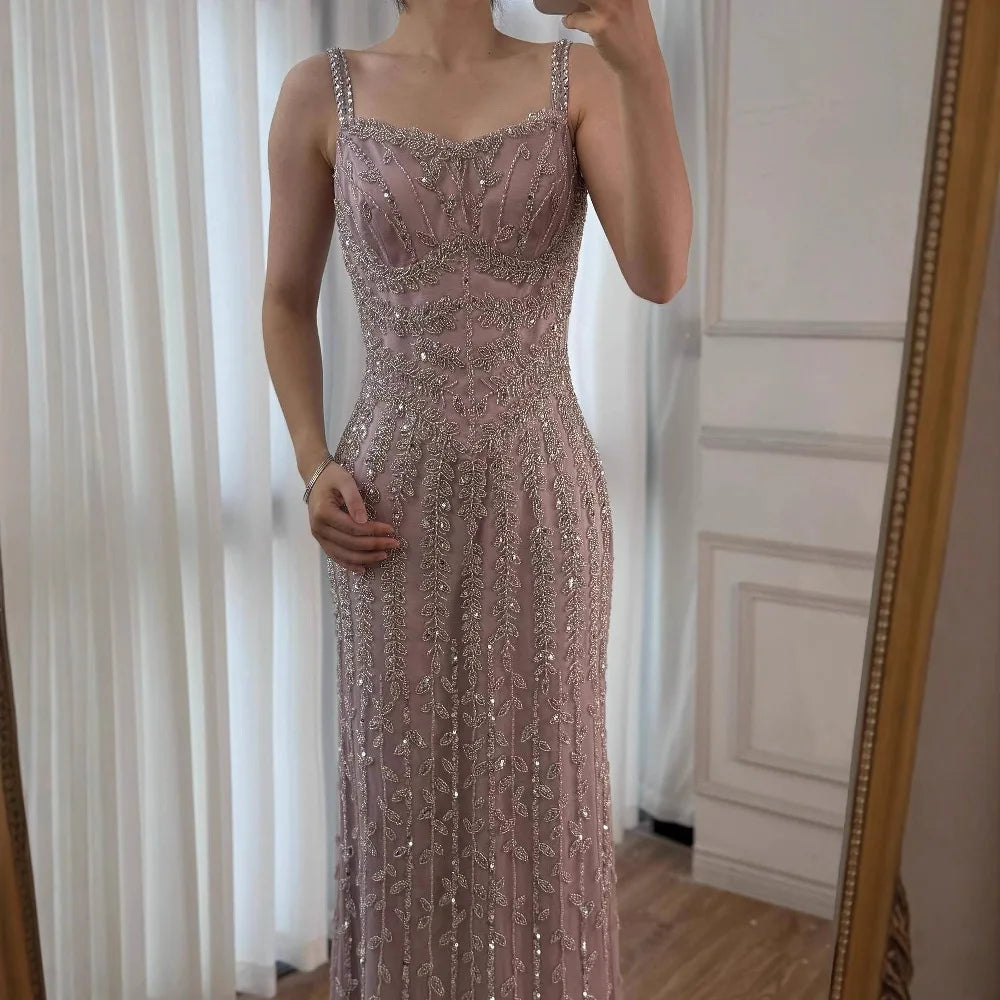 Luxury Arabic Blue Spaghetti Strap Mermaid Evening Dress Beaded LA72725 - SERENE HILL
