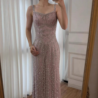 Luxury Arabic Blue Spaghetti Strap Mermaid Evening Dress Beaded LA72725 - SERENE HILL