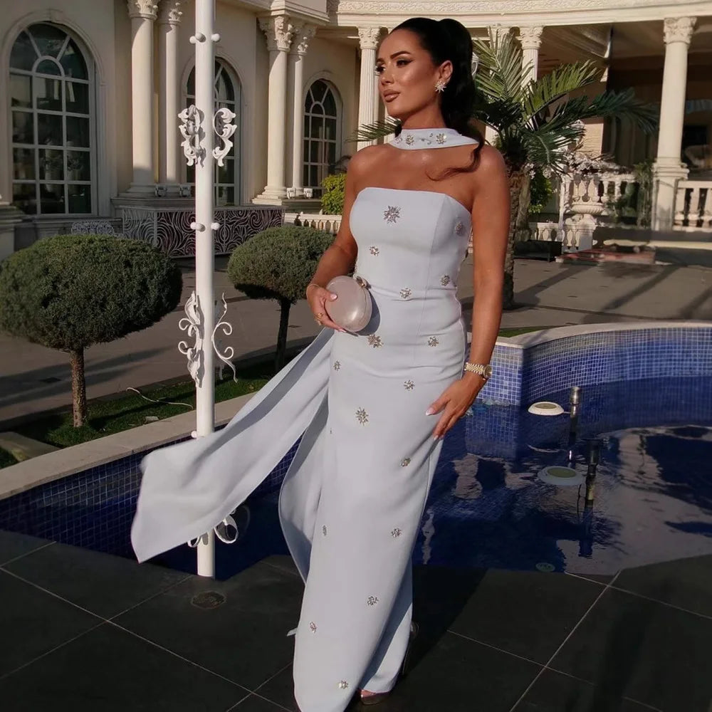 Luxury Pink Arabic Mermaid Crystal Evening Dress with Cape LA73100 - SERENE HILL