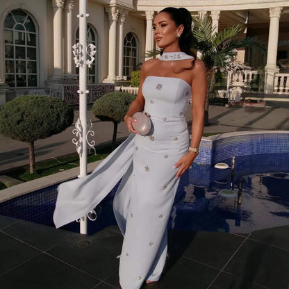 Luxury Pink Arabic Mermaid Crystal Evening Dress with Cape LA73100 - SERENE HILL